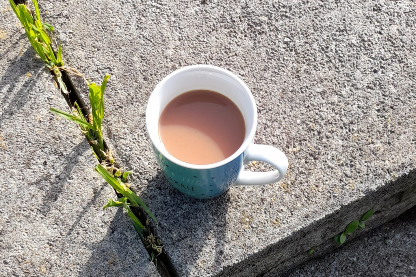 A header photograph for my blog posts featuring a cup of tea on a stone tile in a sunny garden