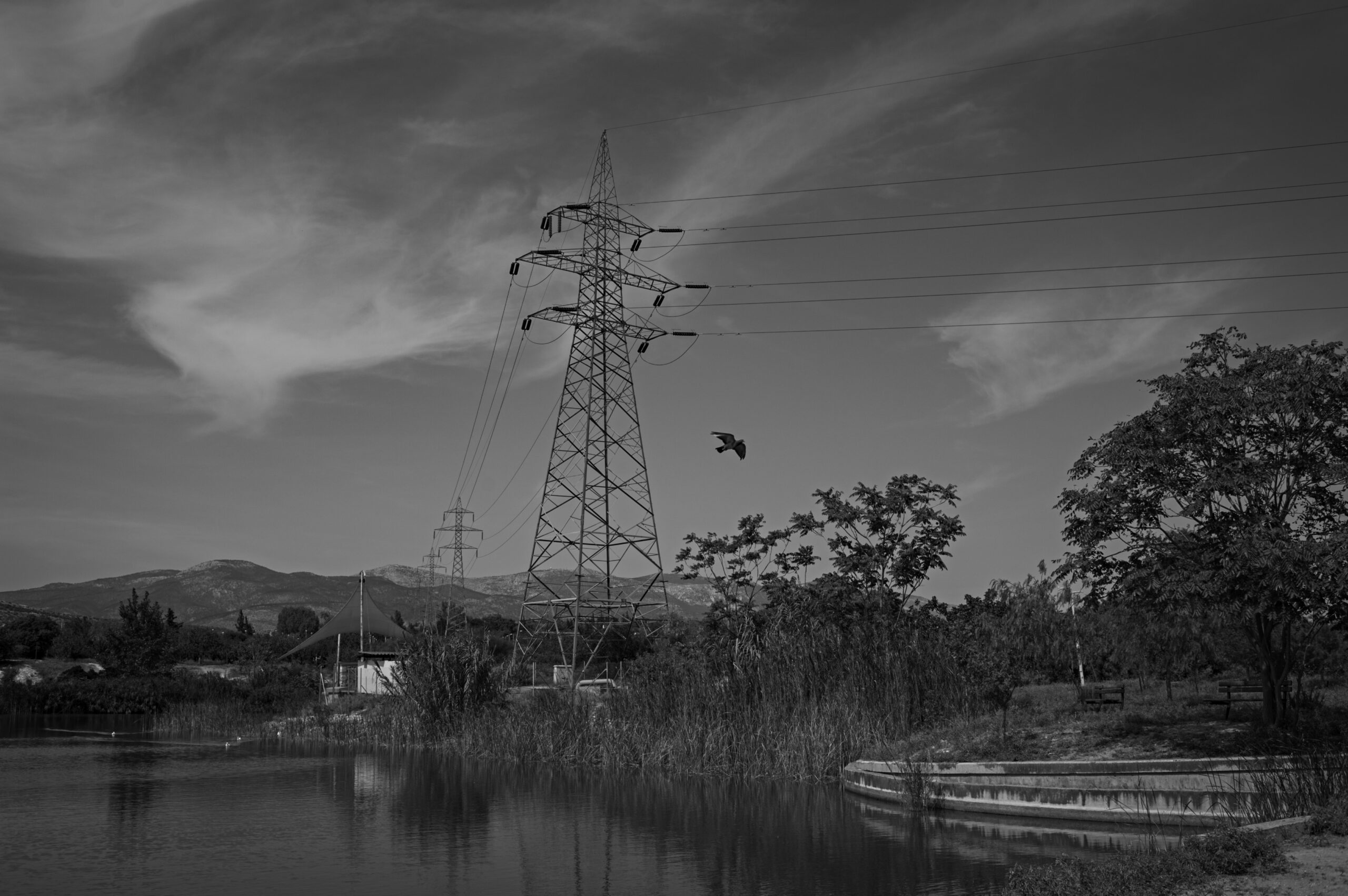 A black and white photograph of an electrical pylon running across a natural landscape.