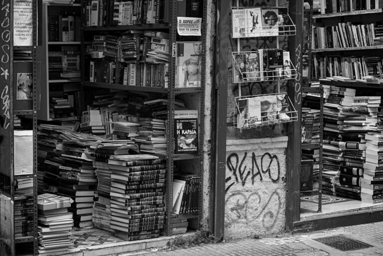 An old secondhand bookshop in Athens shot in black and white.