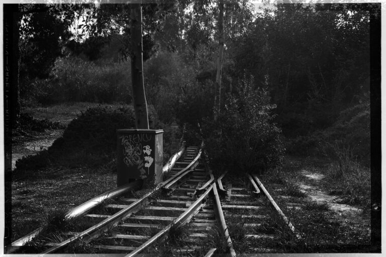 A photograph of an abandoned railway track in black and white